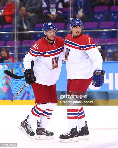 David Krejci of Czech Republic celebrates with Tomas Kaberle after a goal in the first period against Slovakia during the Men's Qualification Playoff...