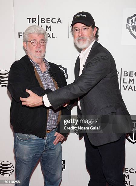 George Lucas and Stephen Colbert attend Tribeca Talks: Director Series: George Lucas With Stephen Colbert during the 2015 Tribeca Film Festival at...