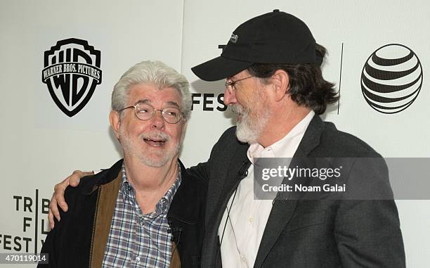 George Lucas and Stephen Colbert attend Tribeca Talks: Director Series: George Lucas With Stephen Colbert during the 2015 Tribeca Film Festival at...