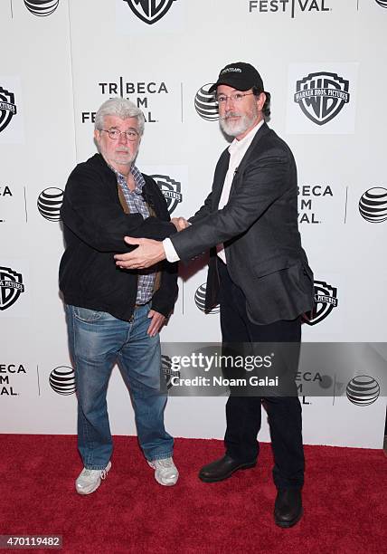 George Lucas and Stephen Colbert attend Tribeca Talks: Director Series: George Lucas With Stephen Colbert during the 2015 Tribeca Film Festival at...
