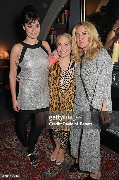 Gizzi Erskine, Brix Smith-Start and Meg Mathews attend Jo Wood's surprise birthday party at L'Escargot on April 17, 2015 in London, England.