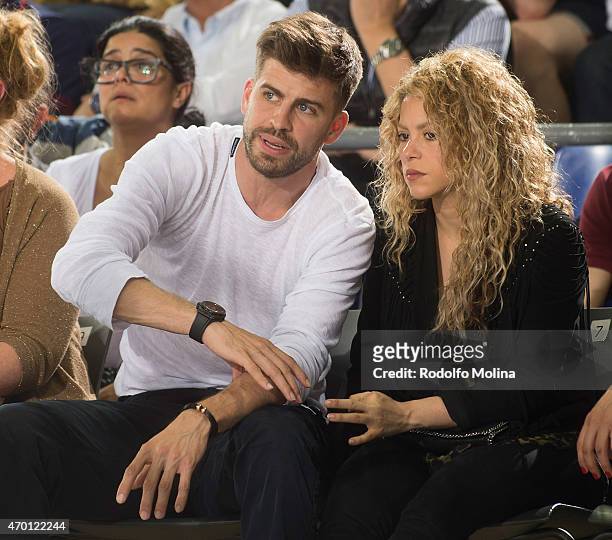 Gerard Pique, FC Barcelona football player and his partner colombian singer Shakira, attend the 2014-2015 Turkish Airlines Euroleague Basketball Play...