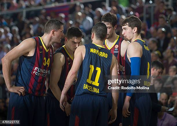 Bostjan Nachbar, #34 of FC Barcelona, Tomas Satoransky, #13, Juan Carlos Navarro, #11, Ante Tomic, #44 and Mario Hezonja, #8 during the 2014-2015...