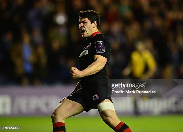 Sam Hadalgo-Clyne of Edinburgh Rugby scores a try and celebrates in the second half during the European Rugby Challenge Cup Semi Final match, between...