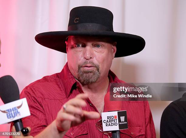 Musician Eddie Montgomery of Montgomery Gentry speaks at the Red Carpet Radio presented by Westwood One Radio during the 50th Academy Of Country...