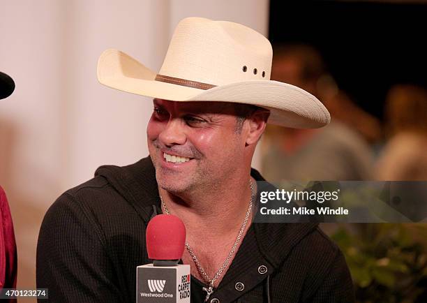 Musician Troy Gentry of Montgomery Gentry speaks at the Red Carpet Radio presented by Westwood One Radio during the 50th Academy Of Country Music...