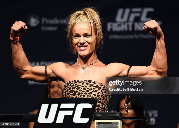 Felice Herrig steps on the scale during the UFC Fight Night weigh-in event at the Prudential Center on April 17, 2015 in Newark, New Jersey.