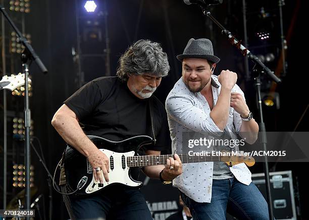 Singer/guitarist Randy Owen of Alabama and frontman Mike Eli of the Eli Young Band rehearse onstage during ACM Presents: Superstar Duets at Globe...