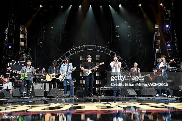 Guitarist Jeff Cook of Alabama, musician Chris Thompson and guitarist James Young of the Eli Young Band, singer/guitarist Randy Owen of Alabama,...