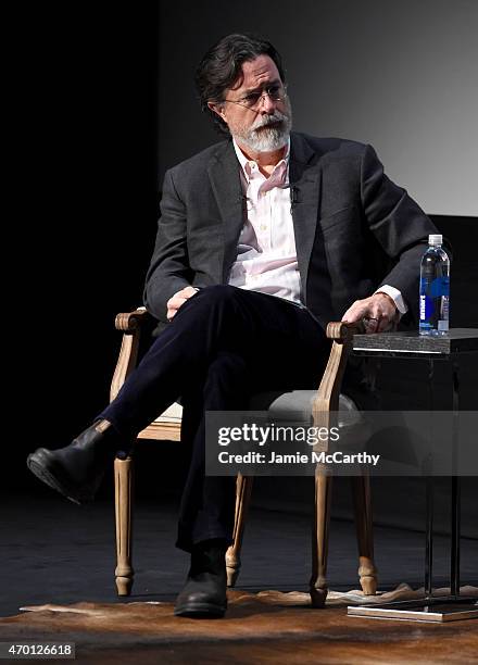 Stephen Colbert speaks onstage at Tribeca Talks: Director Series: George Lucas With Stephen Colbert during the 2015 Tribeca Film Festival at BMCC...