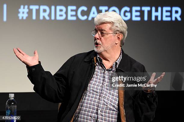 George Lucas speaks onstage at Tribeca Talks: Director Series: George Lucas With Stephen Colbert during the 2015 Tribeca Film Festival at BMCC...