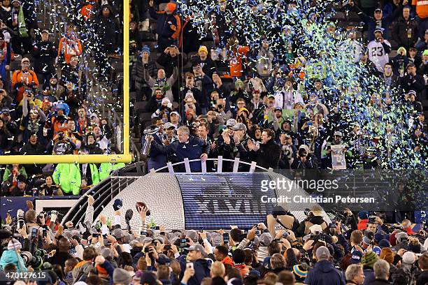 Head coach Pete Carroll of the Seattle Seahawks celebrates their 43 to 8 win over the Denver Broncos during Super Bowl XLVIII at MetLife Stadium on...