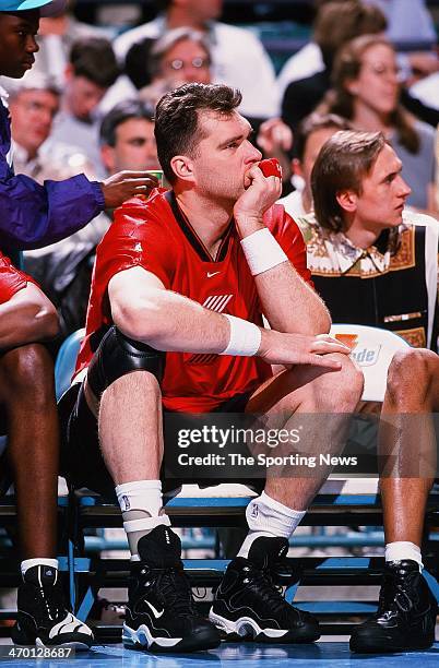 Arvydas Sabonis of the Portland Trail Blazers during the game against the Charlotte Hornets on February 26, 1999 at Charlotte Coliseum in Charlotte,...