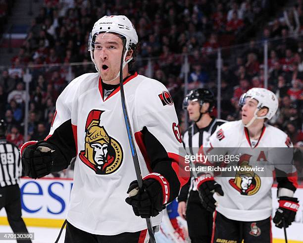 Mark Stone of the Ottawa Senators celebrates the first period goal by teammate Clarke MacArthur in Game Two of the Eastern Conference Quarterfinals...
