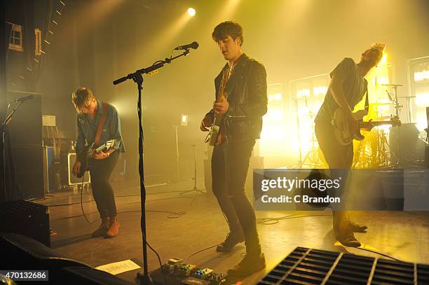 Joe Falconer, Kieran Shudall and Sam Rourke of Circa Waves perform on stage at O2 Shepherd's Bush Empire on April 17, 2015 in London, United Kingdom.