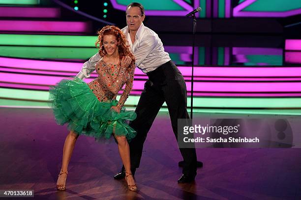 Ralf Bauer and Oana Nechiti perform on stage during the 5th show of the television competition 'Let's Dance' on April 17, 2015 in Cologne, Germany.