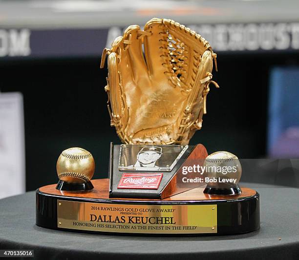 View of the Rawlings Gold Glove Award given to Dallas Keuchel of the Houston Astros by Mike Falby of Rawlings at Minute Maid Park on April 17, 2015...