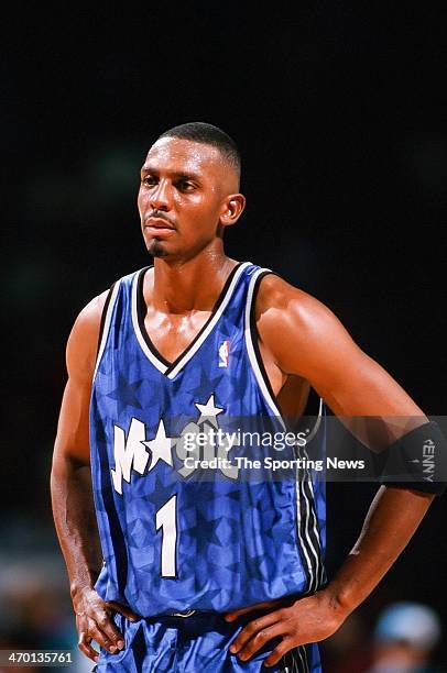 Anfernee Hardaway of the Orlando Magic during the game against the Charlotte Hornets on March 28, 1999 at Charlotte Coliseum in Charlotte, North...