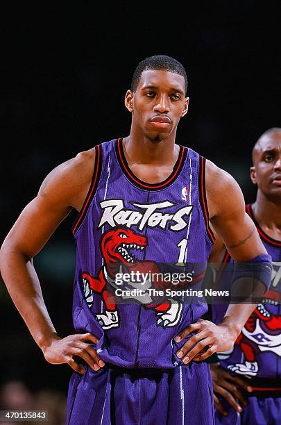 Tracy McGrady of the Toronto Raptors during the game against the Houston Rockets on March 25, 1999 at Compaq Center in Houston, Texas.