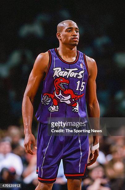 Vince Carter of the Toronto Raptors during the game against the Houston Rockets on March 25, 1999 at Compaq Center in Houston, Texas.