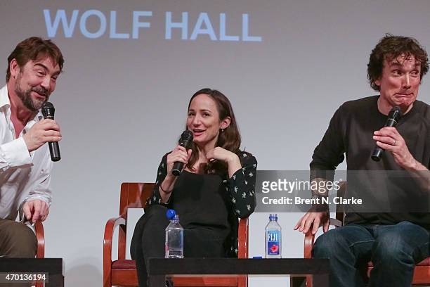 Actors Nathaniel Parker, Lydia Leonard and Ben Miles appear on stage during the SAG Conversations On Broadway "Wolf Hall" held at The New School on...