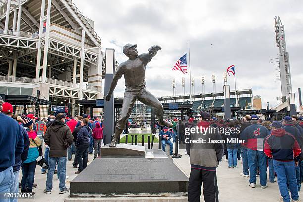 The statue of Cleveland Indians great Bob Feller stands outside gate c at Progressive Field prior to the game between the Detroit Tigers and...