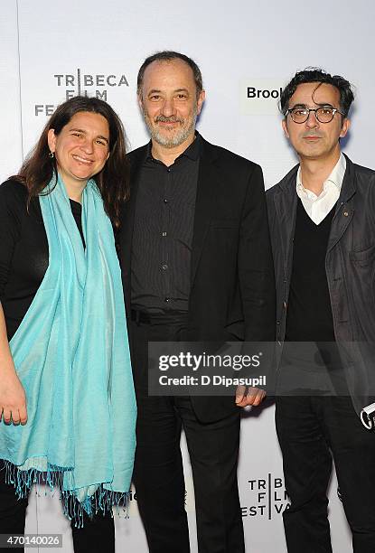 Talia Kleinhendler, Stelios Mainas, and Thanassis Karathanos attend the premiere of "Wednesday 04:45" during the 2015 Tribeca Film Festival at Regal...