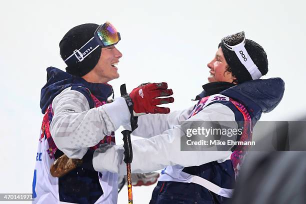 David Wise of the United States celebrates with Aaron Blunck of the United States in the Freestyle Skiing Men's Ski Halfpipe Finals on day eleven of...