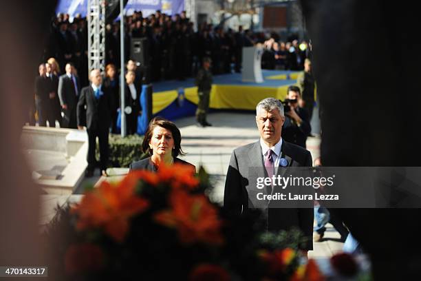 President of Kosovo Atifefa Jahjaga and First Minister Hashim Thaci attend the parade on February 17, 2014 in Pristina, Kosovo. Kosovo celebrates the...