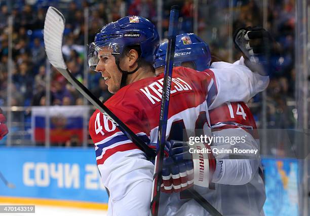 Tomas Plekanec of Czech Republic celebrates his open net goal with David Krejci against Slovakia in the third period during the Men's Qualification...