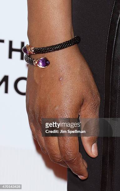 Actress Laverne Cox, jewelry detail, attends the 2015 Tribeca Film Festival - World Premiere Narrative: "The Wannabe" at BMCC Tribeca PAC on April...