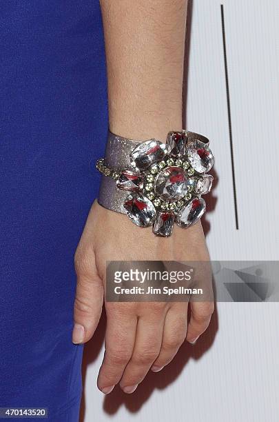 Actress Laura Gomez, jewelry detail, attends the 2015 Tribeca Film Festival - World Premiere Narrative: "The Wannabe" at BMCC Tribeca PAC on April...