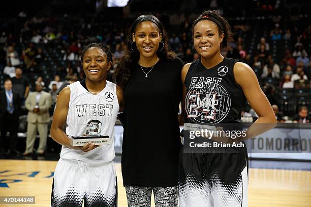 Jordan Brand athlete Maya Moore presents the inaugural co-MVP's Taja Cole and Napheesa Collier during The 2015 Jordan Brand Classic at Barclays...