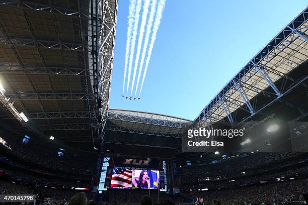Air Force Thunderbirds fly over the stadium prior to Super Bowl XLIX at University of Phoenix Stadium on February 1, 2015 in Glendale, Arizona.