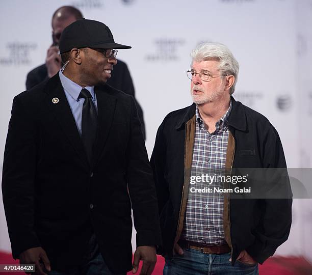 Director George Lucas attends Tribeca Talks: Director Series: George Lucas With Stephen Colbert during the 2015 Tribeca Film Festival at BMCC Tribeca...
