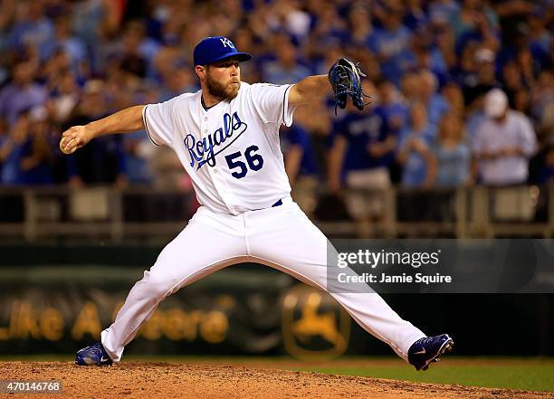 Closer Greg Holland of the Kansas City Royals pitches during the 9th inning of the game against the Oakland Athletics at Kauffman Stadium on April...