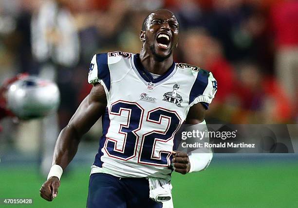 Devin McCourty of the New England Patriots reacts after defeating the Seattle Seahawks 28-24 during Super Bowl XLIX at University of Phoenix Stadium...