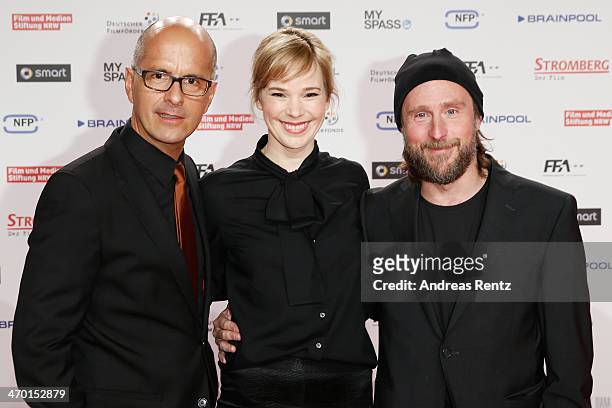 Christoph Maria Herbst, Milena Dreissig and Bjarne I. Maedel attend the World premiere of Stromberg - Der Film at Cinedom Koeln on February 18, 2014...