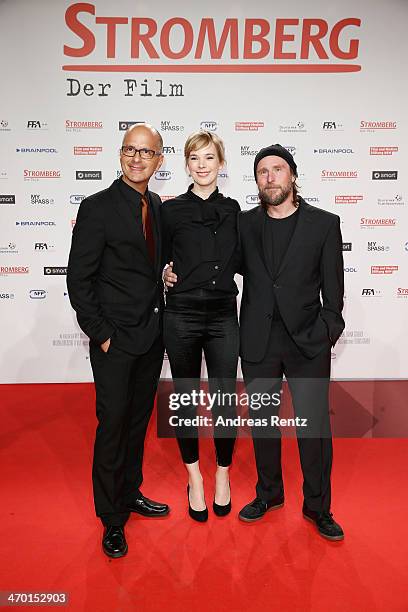 Christoph Maria Herbst, Milena Dreissig and Bjarne I. Maedel attend the World premiere of Stromberg - Der Film at Cinedom Koeln on February 18, 2014...