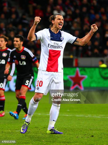 Zlatan Ibrahimovic of PSG celebrates scoring their second goal during the UEFA Champions League Round of 16 first leg match between Bayer Leverkusen...