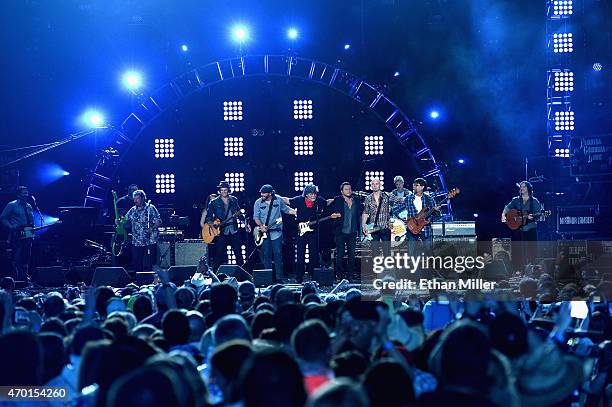 Guitarist Jeff Cook of Alabama, musician Chris Thompson and guitarist James Young of the Eli Young Band, singer/guitarist Randy Owen of Alabama,...