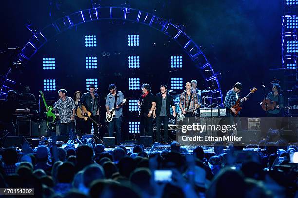 Guitarist Jeff Cook of Alabama, musician Chris Thompson and guitarist James Young of the Eli Young Band, singer/guitarist Randy Owen of Alabama,...