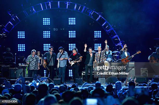 Guitarist Jeff Cook of Alabama, musician Chris Thompson and guitarist James Young of the Eli Young Band, singer/guitarist Randy Owen of Alabama,...