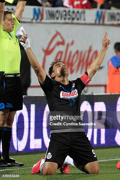Omar Bravo of Chivas celebrates after scoring the tying goal during a match between Tijuana and Chivas as part of 14th round Clausura 2015 Liga MX at...