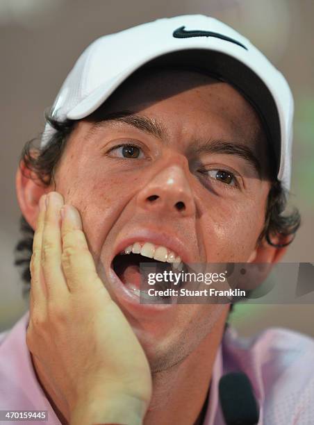 Rory McIlroy of Northern Ireland talks to the media during a press conference after practice prior to the start of the World Golf Championships -...