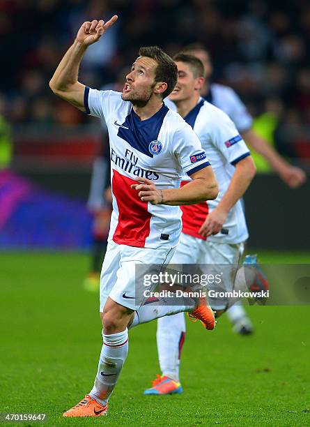 Yohan Cabaye of PSG celebrates after scoring their fourth goal during the UEFA Champions League Round of 16 first leg match between Bayer Leverkusen...