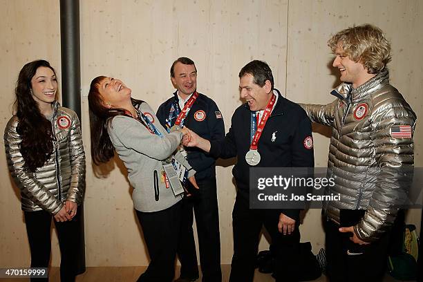 Olympian Meryl Davis, Coaches Oleg Epstein, Marina Zoueva, Johnny John and U.S. Olympian Charlie White visit the USA House in the Olympic Village on...