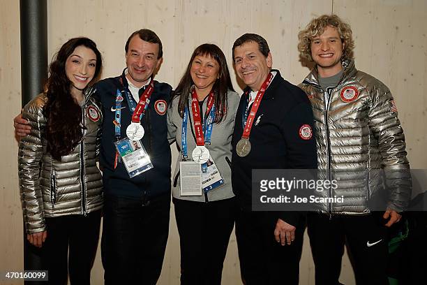 Olympian Meryl Davis, Coaches Oleg Epstein, Marina Zoueva, Johnny John and U.S. Olympian Charlie White visit the USA House in the Olympic Village on...