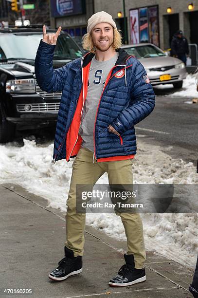 Olympic Gold Medal Snowboarder Sage Kotsenburg enters the "Late Show With David Letterman" taping at the Ed Sullivan Theater on February 18, 2014 in...