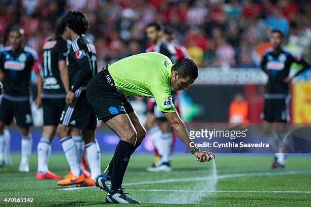 Referee Roberto Garcia sprays the grass during a match between Tijuana and Chivas as part of 14th round Clausura 2015 Liga MX at Caliente Stadium on...